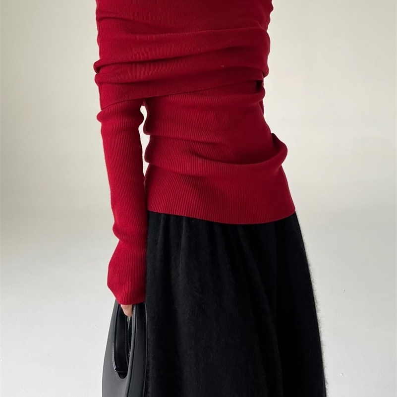 AOSSVIAO Autumn Winter Off Shoulder Women Sweaters Elegant Vintage Knitted Solid Jumper High Stretch Top Soft Chic Pullovers i240921