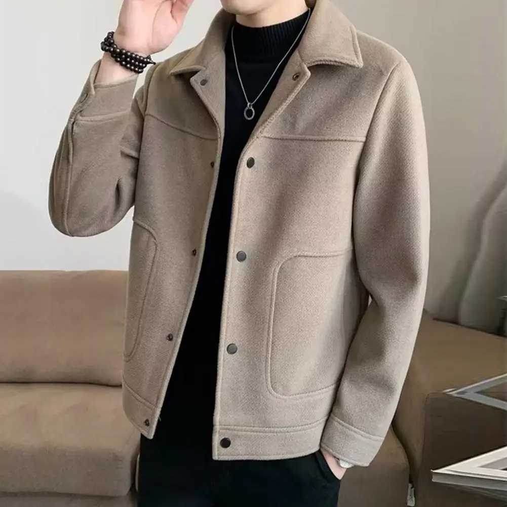 Winter mens jacket with a single breasted thick wool coat long sleeved loose solid color warm pocket mens winter jacket W240921