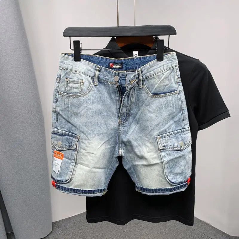 Mens shorts with text pockets graphic original mens denim shorts Distressed Stretch thin buttons summer streetwear 240923