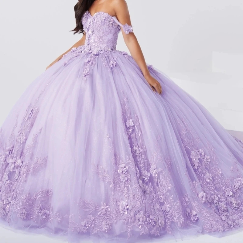 Lilac Shiny Quinceanera Dresses Ball Gown Birthday Party Off The Shoulder Lace Appliques Tull Corset Sweet 16 Dress vestidos de 15 Anos