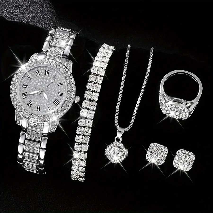 Luxury Rhinestone Quartz Watch Hiphop Fashion Analog Wrist Watch 6pcs Jewelry Set Gift For Women HerX240923