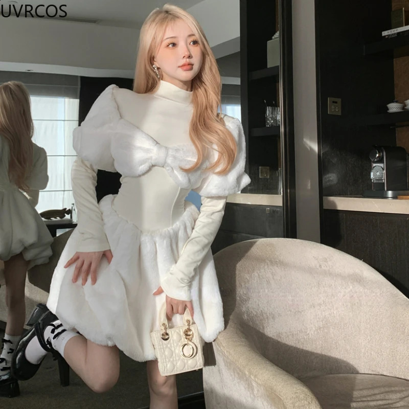 Winter Sweet Half High Collar Lolita Dress Women Elegant Plush Patchwork Bow Party Mini Dresses Korean Style Casual Slim Dresses 240913