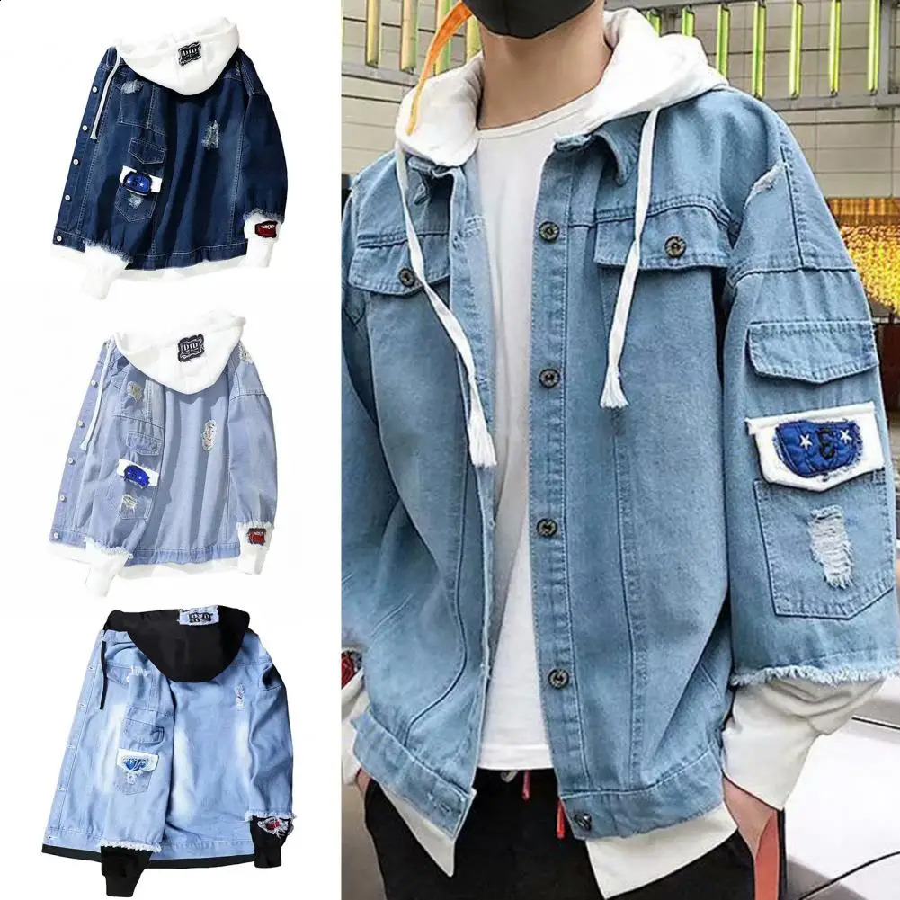 Fashion denim jacket mens button tear brushed daily clothing 240921