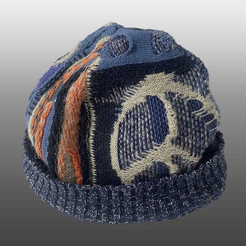 Beanie/Skull Caps 2023 Janese Style Contrast Color Stitching Knitted Hat High Street Knitted Hat For Men Retro Warm Hat Men Casual Knitted Hat J240923