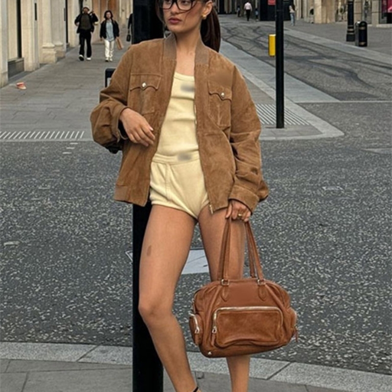 Vintage Brown Zipper Long Sleeved Demi-season Jacket For Women Fashion Stand Collar Suede Leather Coats Autumn Lady Streetwear 240921
