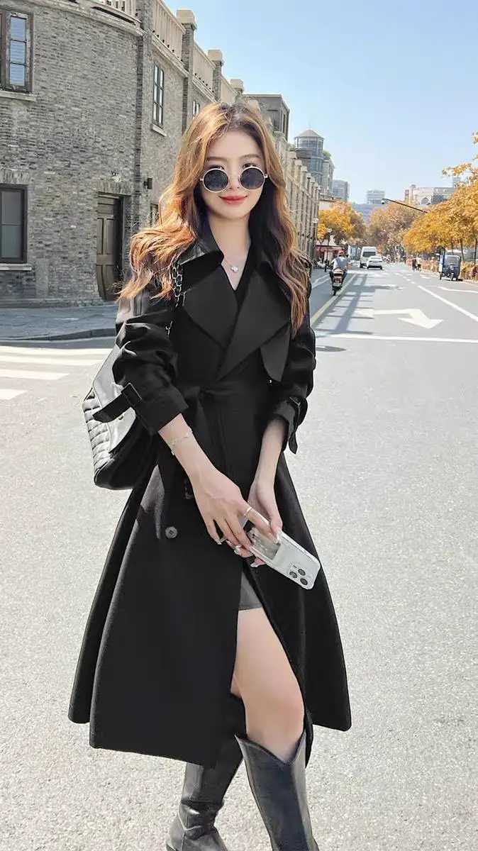 Medium length trench coat womens spliced full sleeve double chest lapel lace waistband jacket long coat temperature W240923