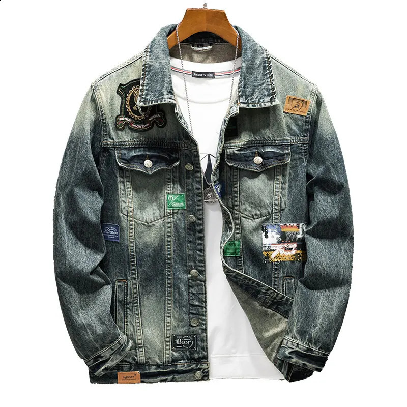 Paste fabric embroidery motorcycle denim jacket mens street retro loose fashion clothing 240921