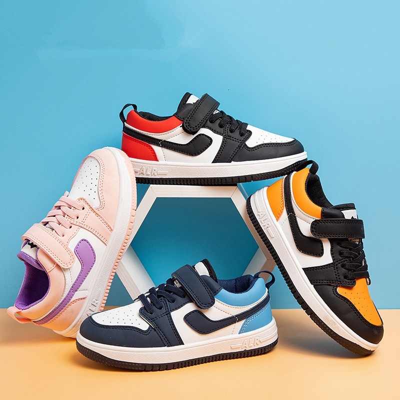 Children's low cut leather casual board new girls' color matching Korean version, boys' sports shoes, students' handsome and versa