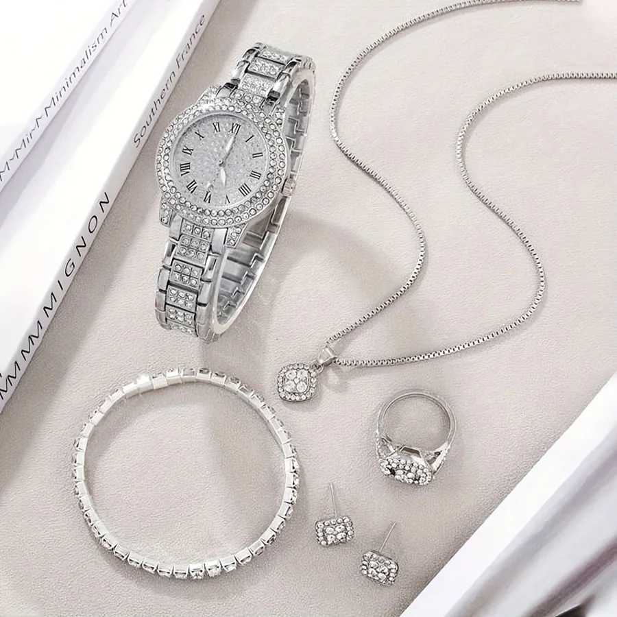 Luxury Rhinestone Quartz Watch Hiphop Fashion Analog Wrist Watch 6pcs Jewelry Set Gift For Women HerX240923