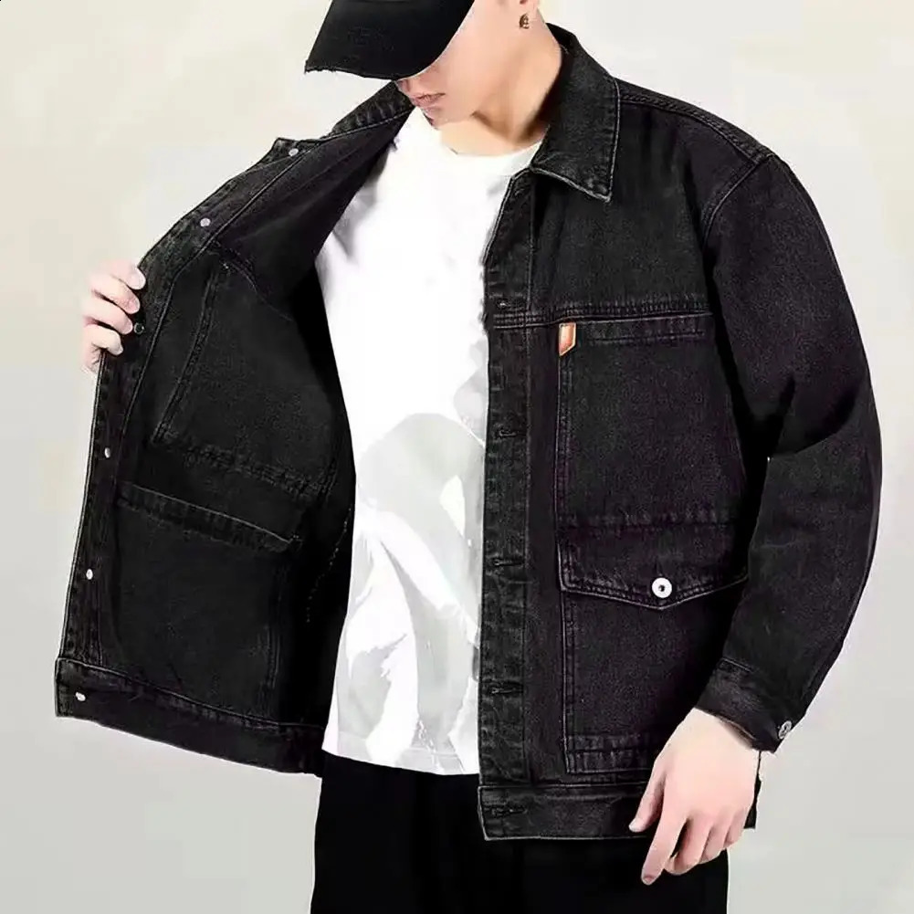 SpringAutumn Mens Denim Jacket Casual Solid Color Fashion Motorcycle Medium Length for Dating 240921
