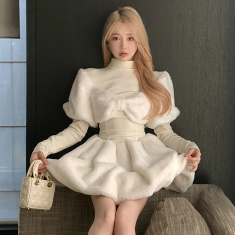 Winter Sweet Half High Collar Lolita Dress Women Elegant Plush Patchwork Bow Party Mini Dresses Korean Style Casual Slim Dresses 240913