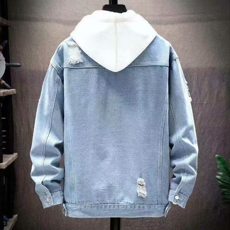 Spring and autumn new fashion casual Korean version of the hole designer men's denim jacket men's washed solid color denim jacket.