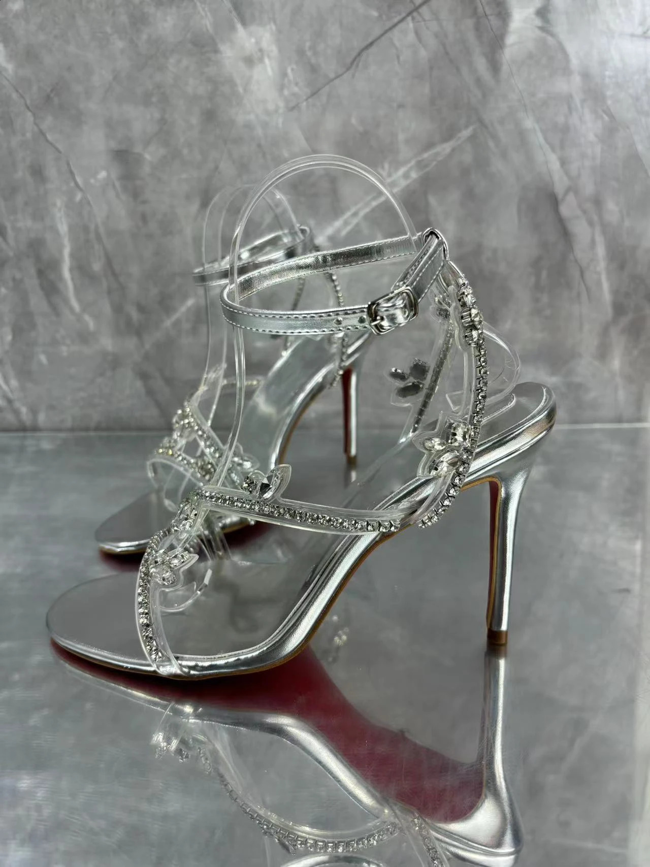 Womens thin highheeled sandals with crystal decoration and round toes womens buckle open collar summer silver 240919
