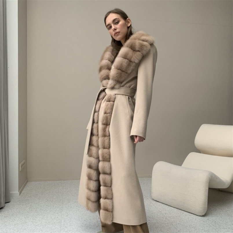 Wool coat womens fur coat womens fur warm winter jacket natural fox fur winter cashmere 240921