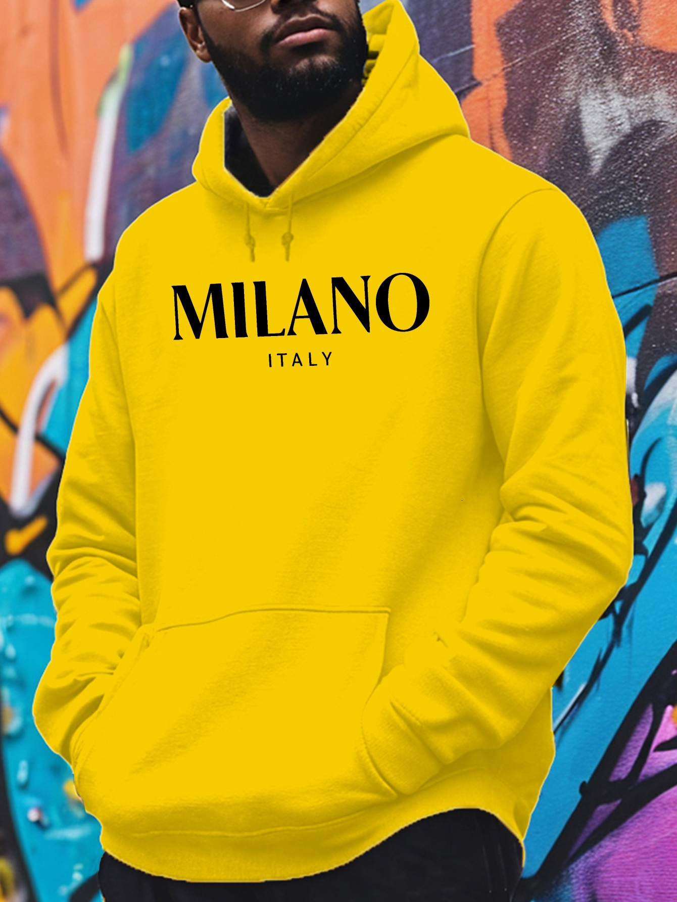 MILANO Italy Letter Print Hoodie - 100% Polyester Knit Fabric with Slight Stretch, Long Sleeve Hooded Sweatshirt, Regular Fit Casual Fleece Pullover f