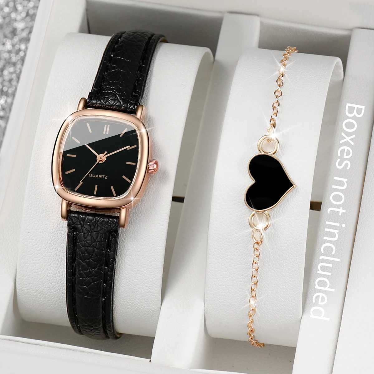Fashion Women Leather Strap Square Case Quartz Watch Heart BraceletX240923