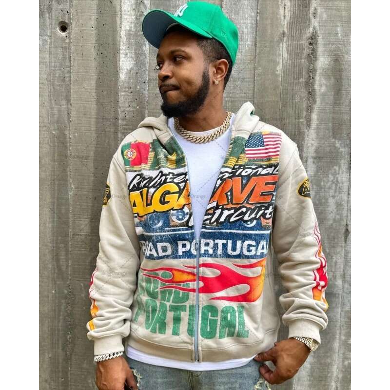 American 2024 European hoodies high street Y2K casual trendy loose and versatile zipper flame letter print super sweatshirt