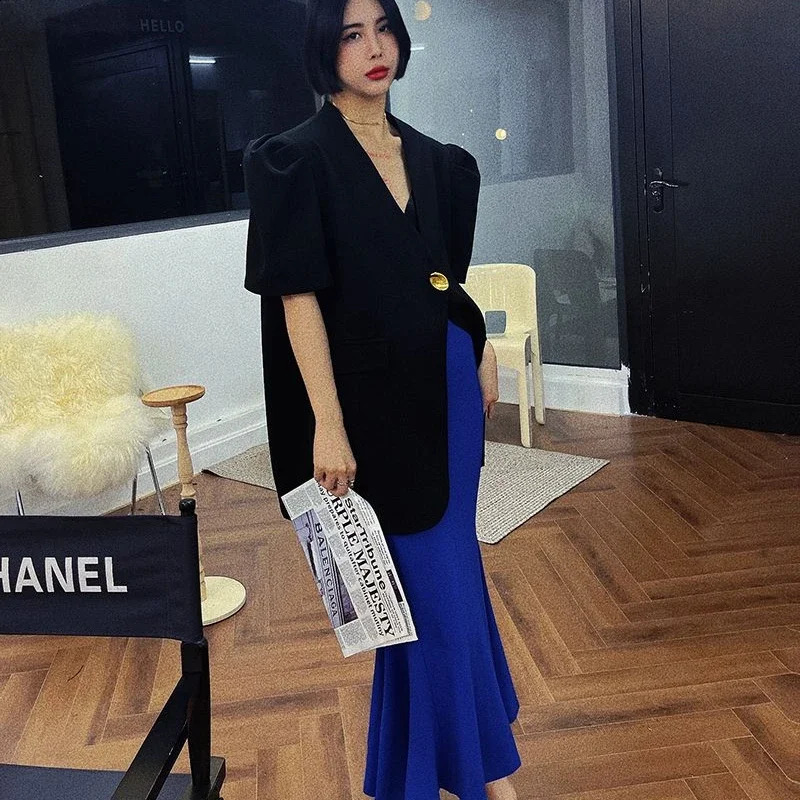 V-neck Bubble Short Sleeve Blazer Women Y2k Top Korean Fashion Jacket Casual Loose Coats White Black Blazer 240918
