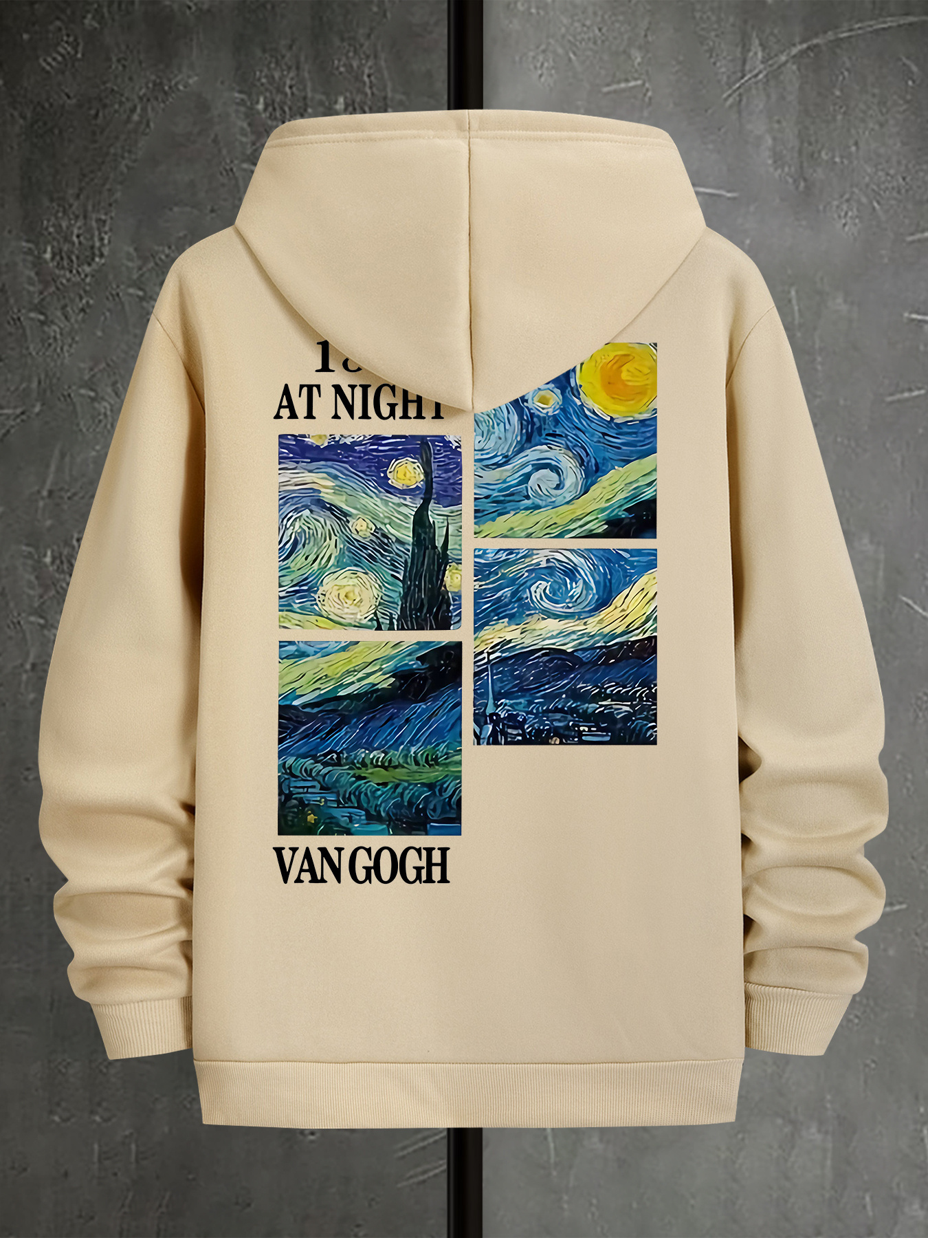 Starry Night Inspired Print Hoodie - 1889 Artistic Graphic Pullover with Kangaroo Pocket, Polyester Knit Fabric with Slight Stretch, Casual Hooded Swe