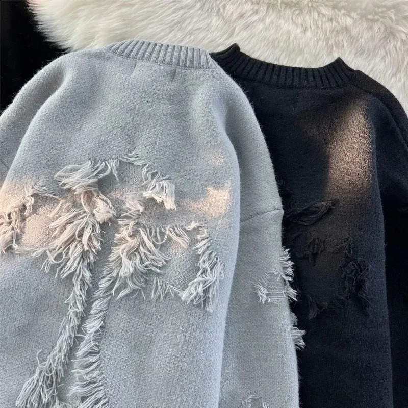 Autumnand y2k Streetwear Men Retro Hole Fringed Sweater Loose Versatile Sweater For Men And Women Long Sleeve Sweater 240923