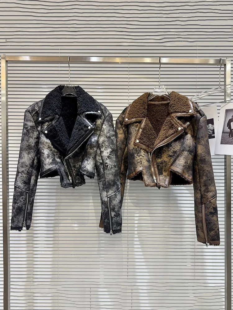 DEAT retro womens tie dye fur lapel PU leather coat winter fashion long sleeved zipper jacket womens 11X6973 240921