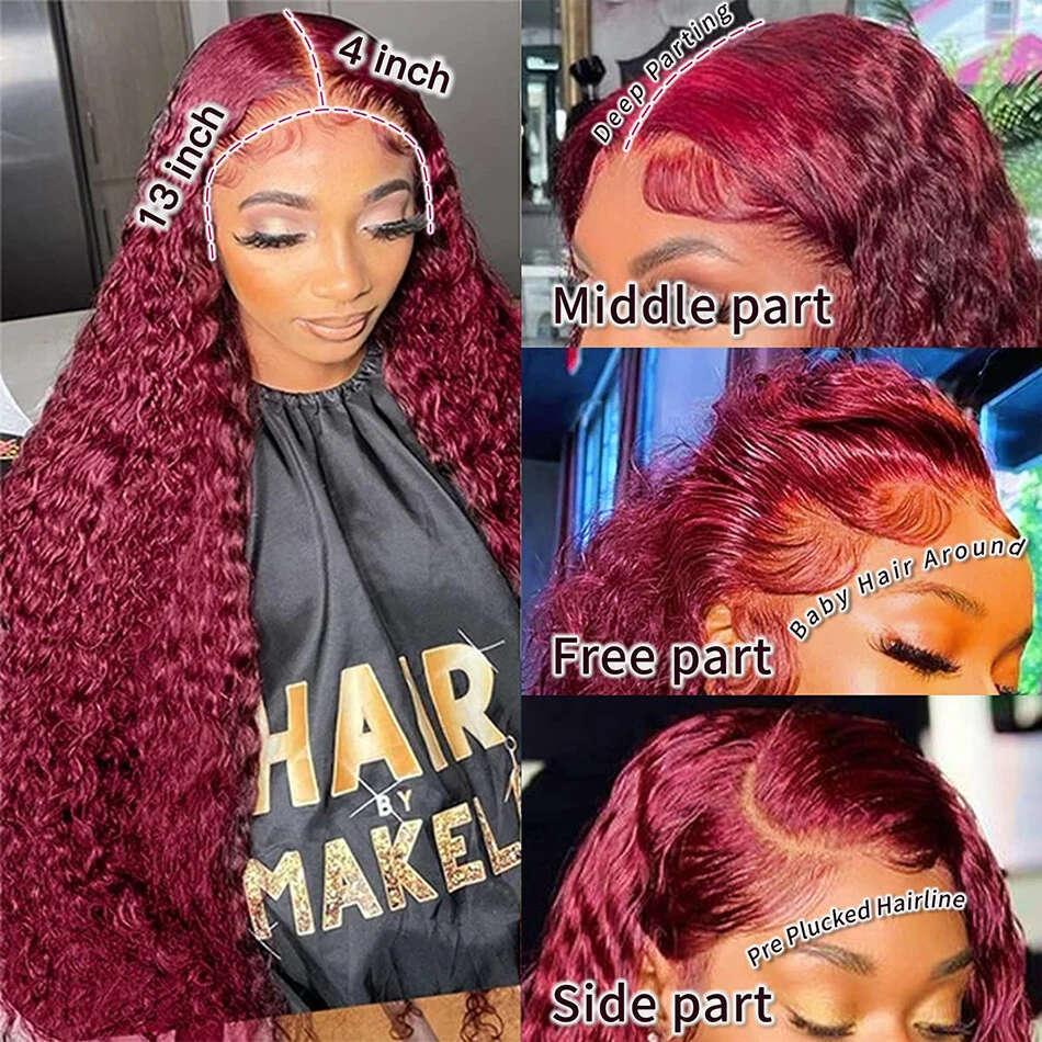 99j bury water curly 250 density 13x4 frontal wig 13x6 lace front red colored deep wave human hair wigs
