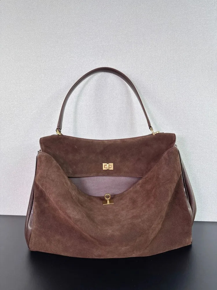 Womens suede leather retro handbag womens work large capacity shoulder splicing belt cross bag 240923
