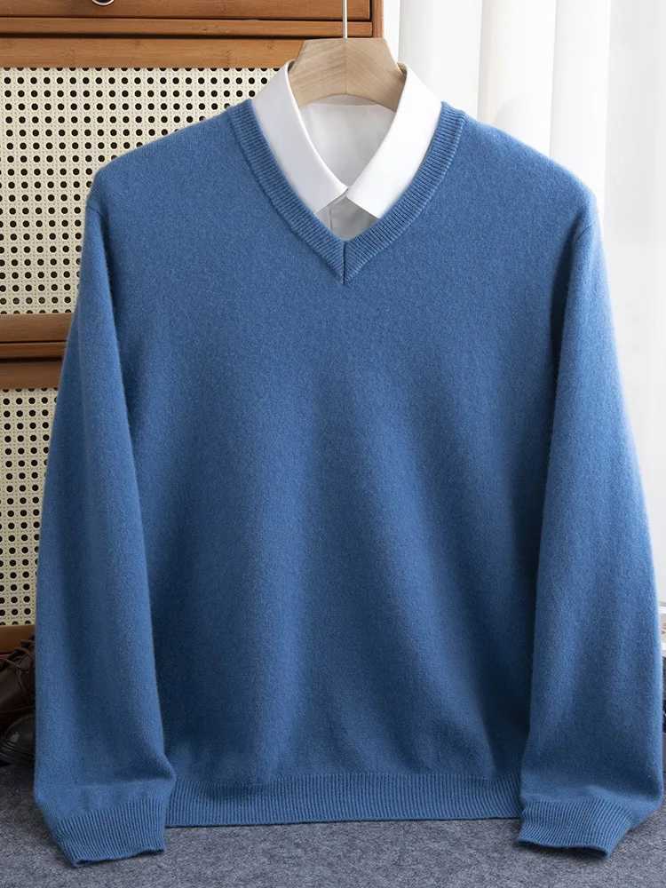Mens 100% Merino Wool Sweater V-neck Zipper Autumn Winter Cashmere Warm Solid Knitted Fabric X2411261