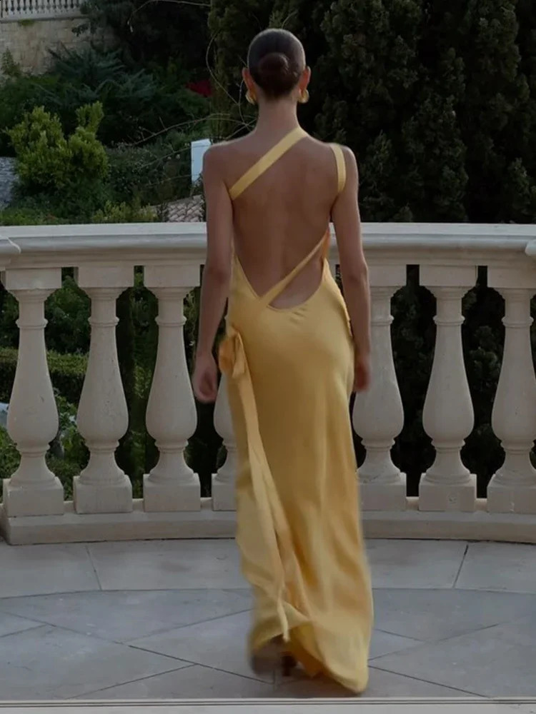 Sexy Backless Yellow Satin Lace Up Dresses Women Elegant Off Shoulder Strapless Long Dress Summer Ladies Party Club Vestido 240921