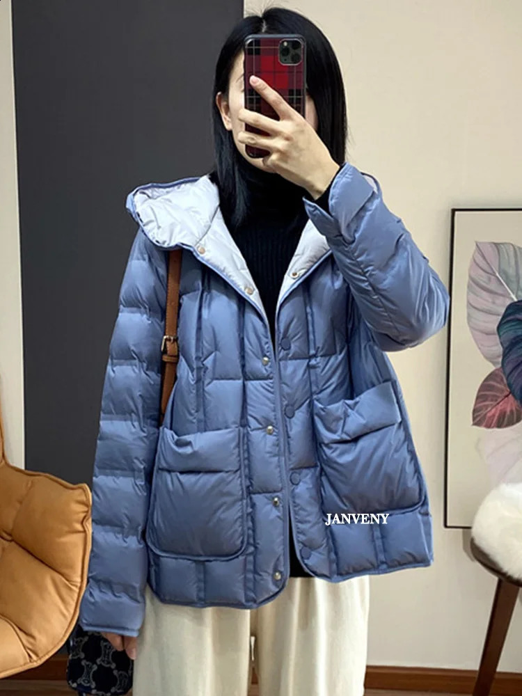 JANVENY Winter Hooded Light Inflatable Jacket Womens Solid Color Versatile Portable Parka 90 White Duck Down Short Sleeve Warm Coat 240921