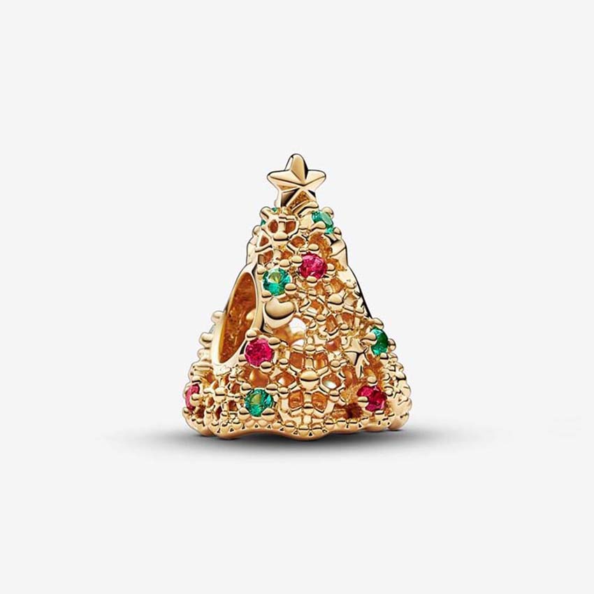 Glitter Christmas Tree Charm 925 Sterling Silver Logo Charms Set Bracelet Bangle DIY Making Components Womens Jewelry Beads Gold Charm with Luxurious Box Wholesale