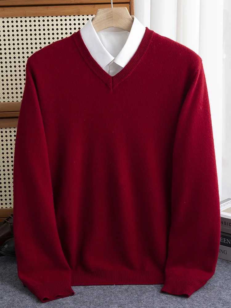 Mens 100% Merino Wool Sweater V-neck Zipper Autumn Winter Cashmere Warm Solid Knitted Fabric X2411261
