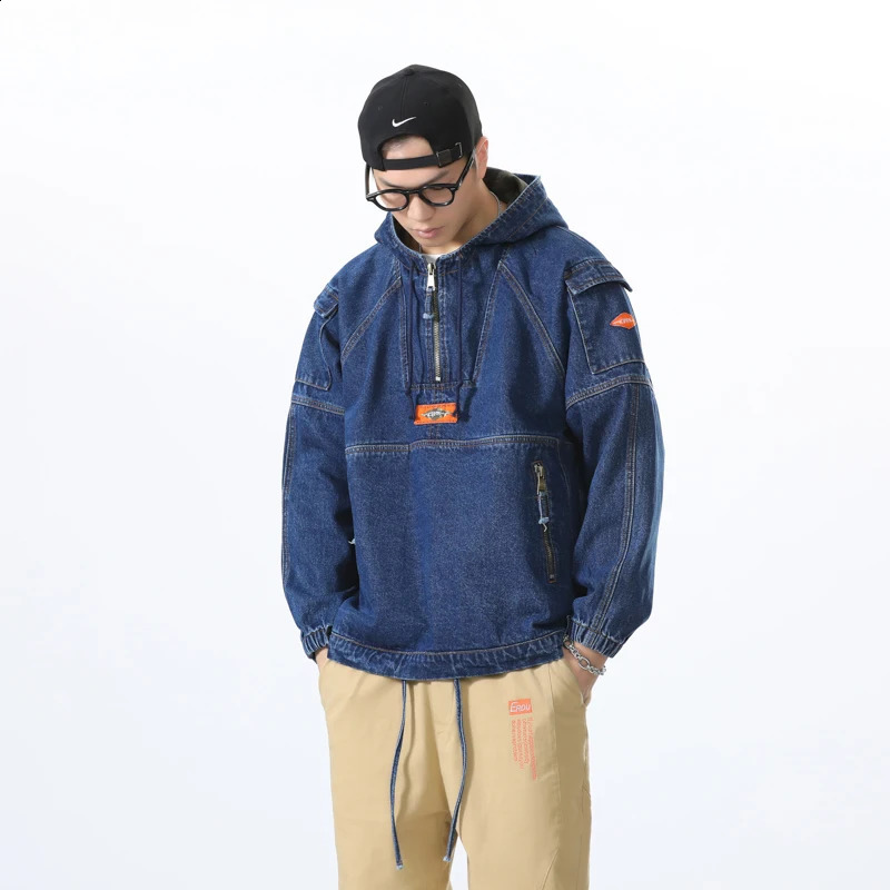 Spring Hooded Sports and Leisure Sweater 100% Cotton Loose Korean Stitching Cowboy Jacket Mens Wear 240921