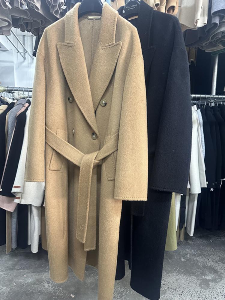 Double Breasted Office Lady Alpaca Woolen Jackets 2024 Autumn And Winter Suit Collar Loose Adjustable Waist Long Women Wool Coat