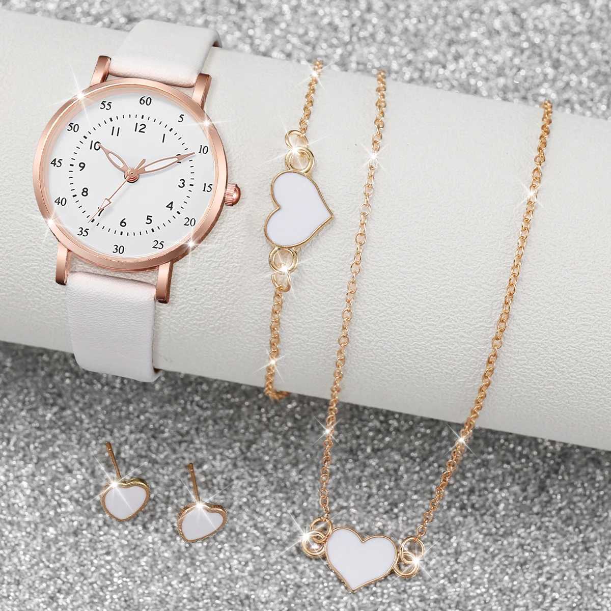 5pcs/set Fashion Women Leather Strap Analoge Watch Love Heart Jewelry SetX240923