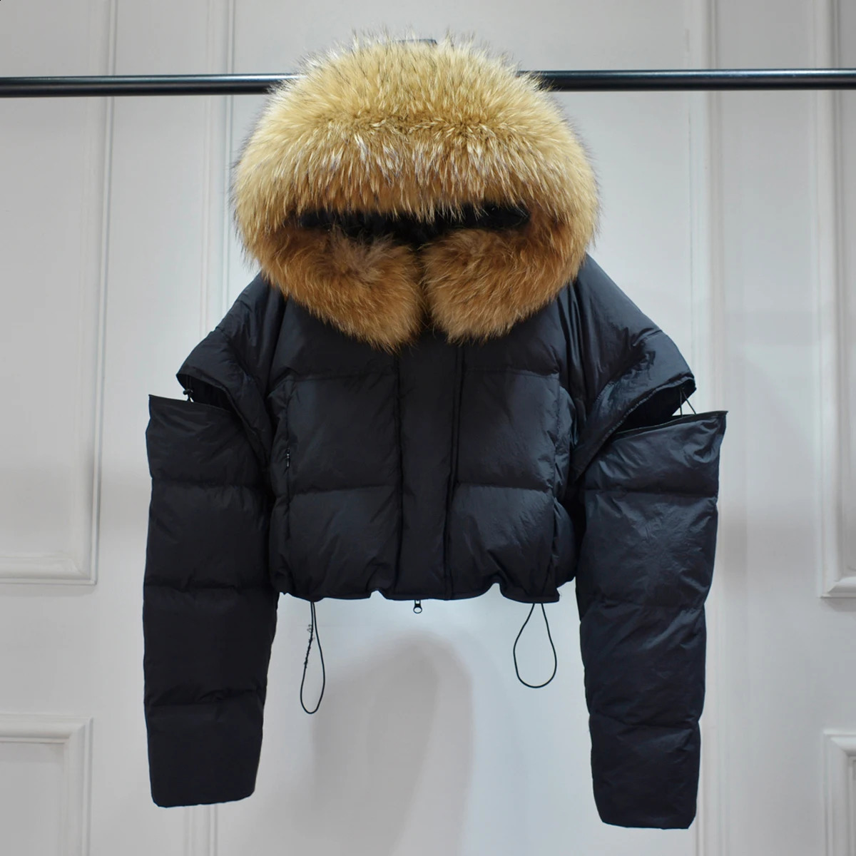 Dazhen Raccoon Fur Hooded Waterproof Winter Short Inflatable Jacket Detachable Sleeves Womens Duck Down Parka 240921