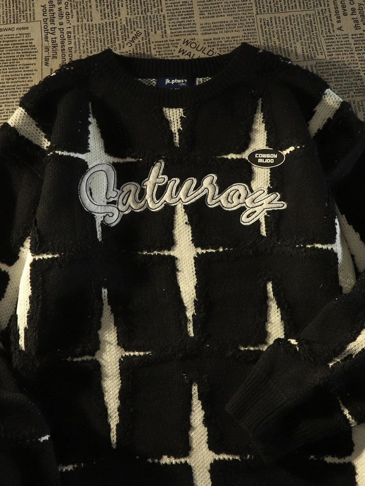 Gmiixder American Retro Sweater High Street Stars Jumper Men Autumn Winter Loose Casual Grunge Japanese Oneck Knitted Pullover 240915