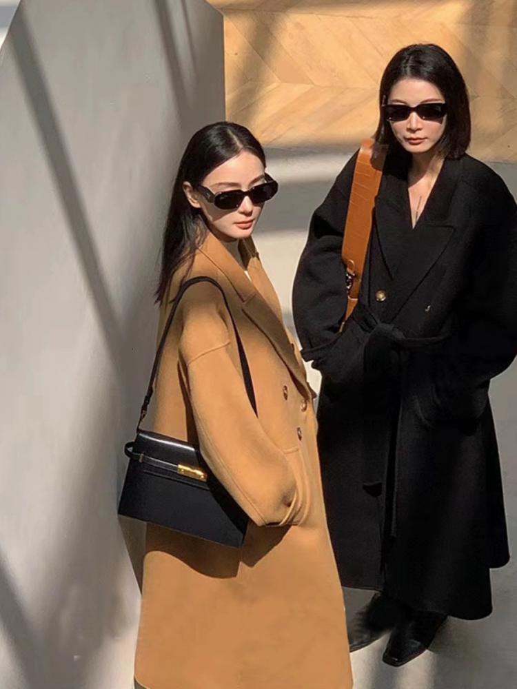 Double Breasted Office Lady Alpaca Woolen Jackets 2024 Autumn And Winter Suit Collar Loose Adjustable Waist Long Women Wool Coat