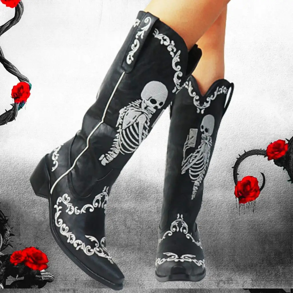 Women Skull Skeleton Selfie Cowboy Western Mid Calf Boots Pointed Toe Slip-On Stacked Heel Goth Punk Autumn Shoes 240921