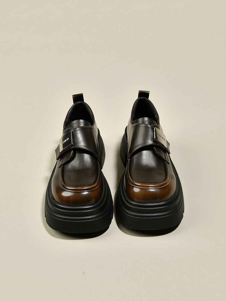 Casual Leather Slip-On Loafers for Women: Vintage Fashion, Height Boost, Black/Brown 1fa8