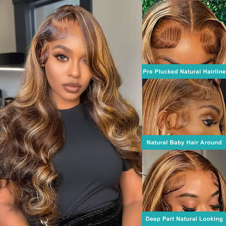 250 Density 4/27 Highlight Brown Color Body Wave 13x4 Front Transparent Lace Frontal Short Bob Human Hair Wigs