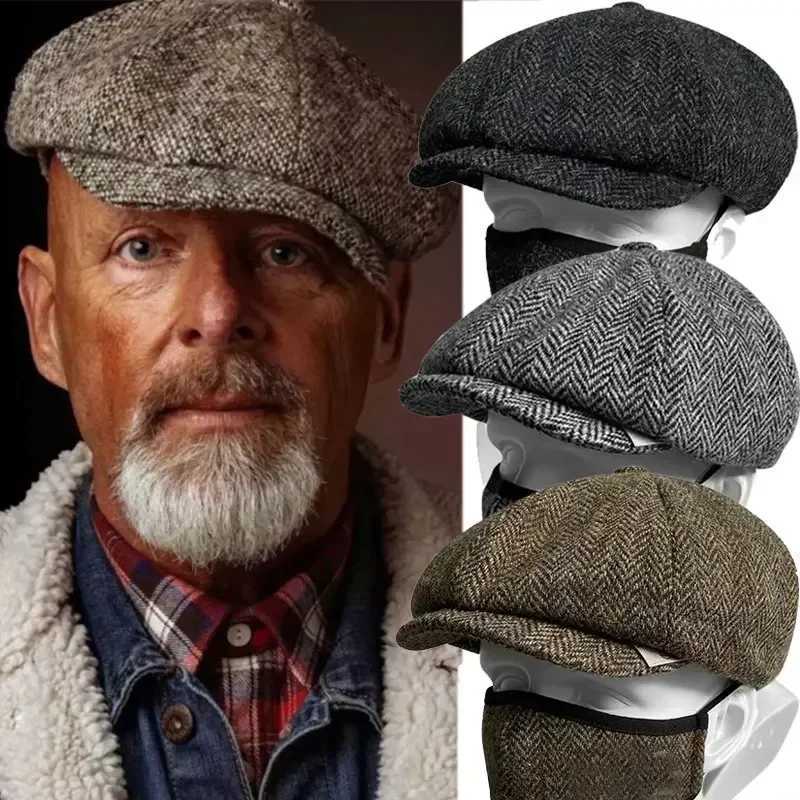 Mens Newsboy Hat Peaky Autumn Retro Bone Octagonal Hat Womens Casual Striped Beret Gatsby Flat Hat Y240923