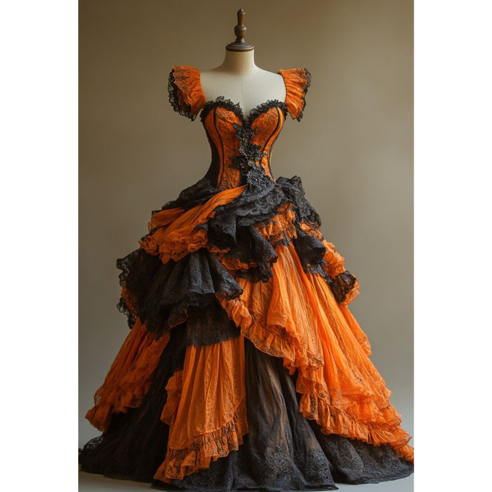 Vintage Victorian Prom Dresses Black And Orange Contrast Color Lace Appliques Ruffle Short Sleeves Floor Length Ball Gown Gothic Special Occasion Part