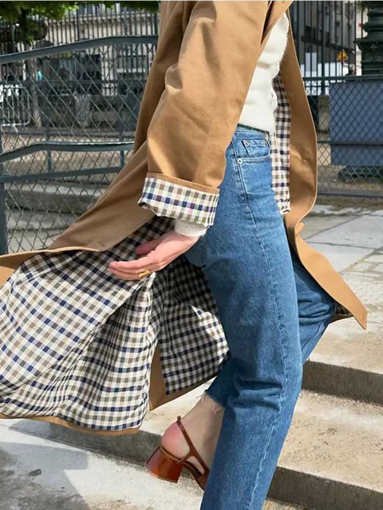 Womens casual khaki plain collar long coat fashionable single corset pocket 2024 autumn womens commuting windproof W240923