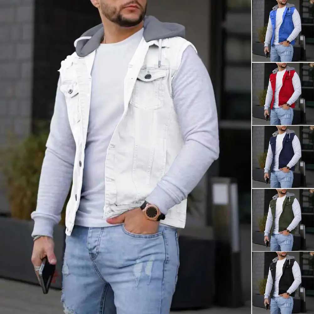 Autumn and winter mens vest jacket denim patch work hoodie waist jacket single chest brushed mens cargo vest W240923