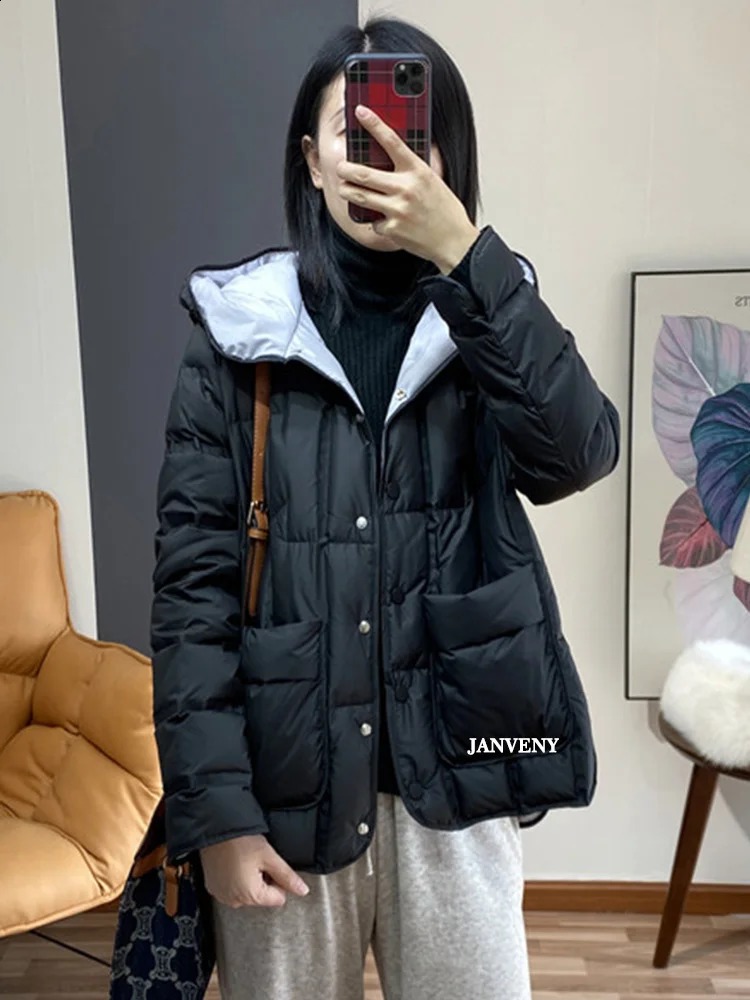 JANVENY Winter Hooded Light Inflatable Jacket Womens Solid Color Versatile Portable Parka 90 White Duck Down Short Sleeve Warm Coat 240921