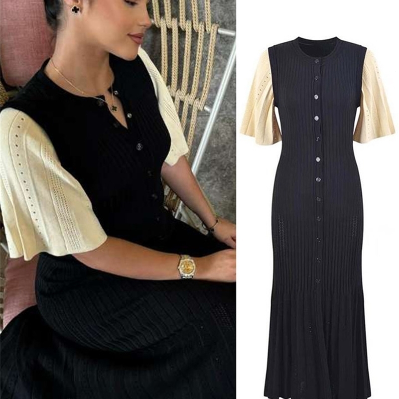 Patchwork Knitted Maxi Dress For Women Short Sleeve Hollow Out Ribbed Long Party Dresses Elegant O-Neck High Waist Lady Knitwear 240918
