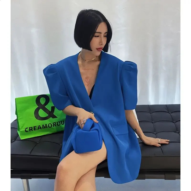 V-neck Bubble Short Sleeve Blazer Women Y2k Top Korean Fashion Jacket Casual Loose Coats White Black Blazer 240918