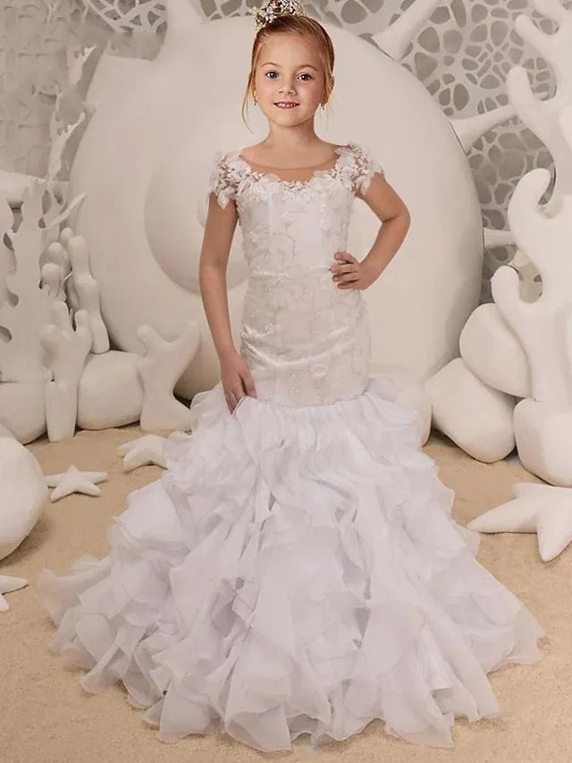 Dresses Girl Mermaid Flower For Wedding Floral Lace Appliques Short Sleeves Ruffles Junior Bridesmaid Gowns Sweep Train Little Girl Formal Party Dress
