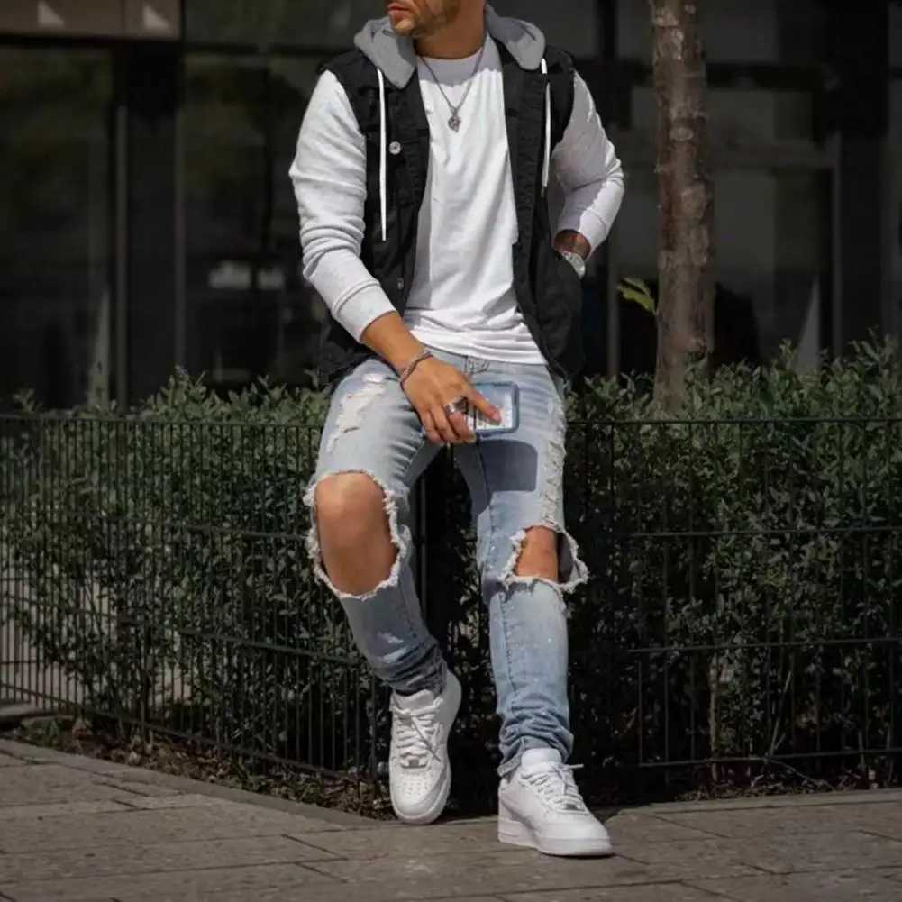 Autumn and winter mens vest jacket denim patch work hoodie waist jacket single chest brushed mens cargo vest W240923